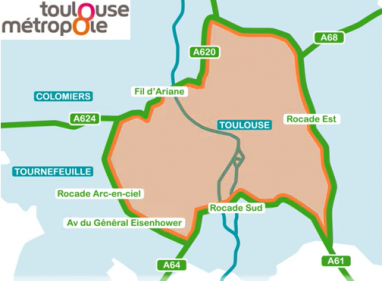 Carte du périmètre de la Zone à Faible Emissions mobilité (ZFEm) avec le logo de Toulouse Métropole