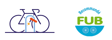 Logo représentant un vélo avec son antivol et le macaron sur lequel est inscrit "recommandé FUB"