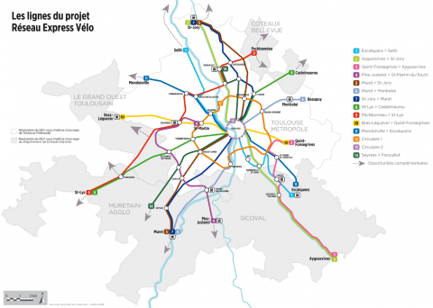 Carte des lignes du projet réseau express vélo toulousain