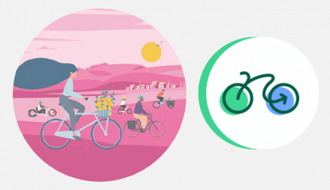 1 cercle avec à l'intérieur plusieurs cyclistes dans un paysage rose et 1 cercle avec un simple vélo